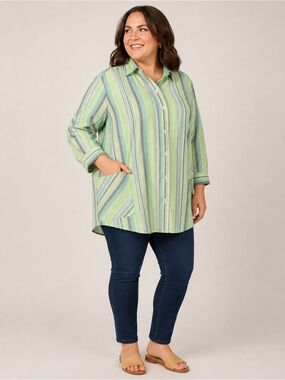 For Cynthia Linen Blend Striped Button Up Shirt Plus Size 2X Coastal, Resort​
